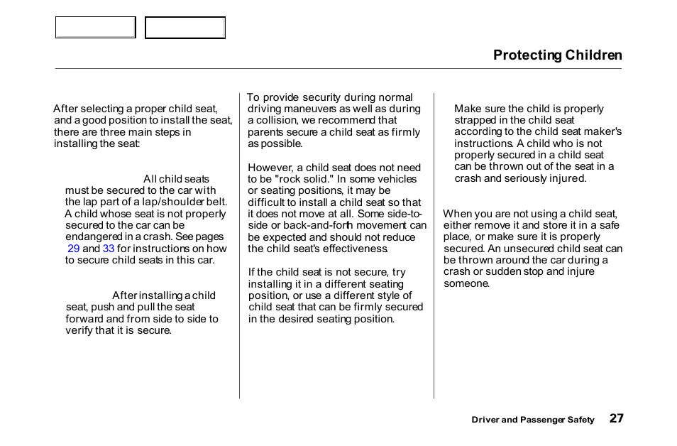 Protecting children | HONDA 2000 Accord Coupe - Owner's Manual User Manual | Page 30 / 338