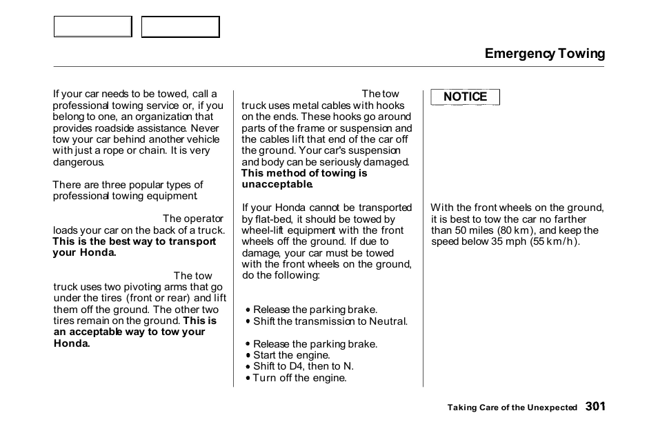 Emergency towing | HONDA 2000 Accord Coupe - Owner's Manual User Manual | Page 304 / 338