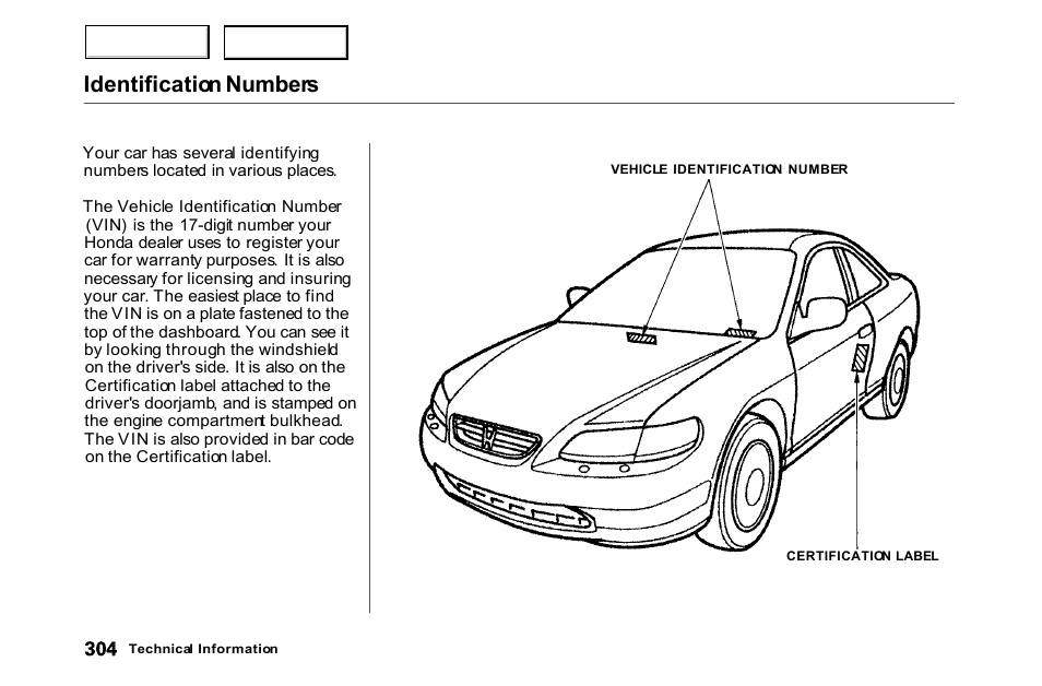 Identification numbers | HONDA 2000 Accord Coupe - Owner's Manual User Manual | Page 307 / 338