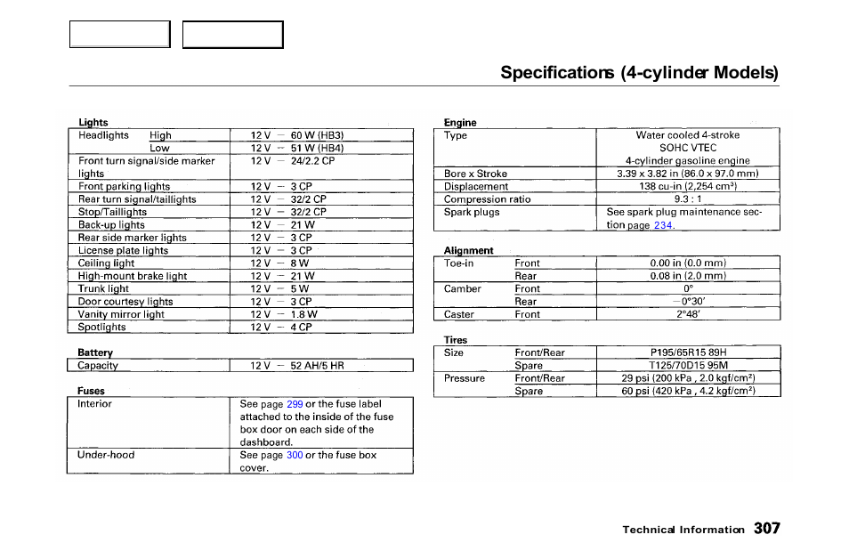 Specifications (4-cylinder models) | HONDA 2000 Accord Coupe - Owner's Manual User Manual | Page 310 / 338