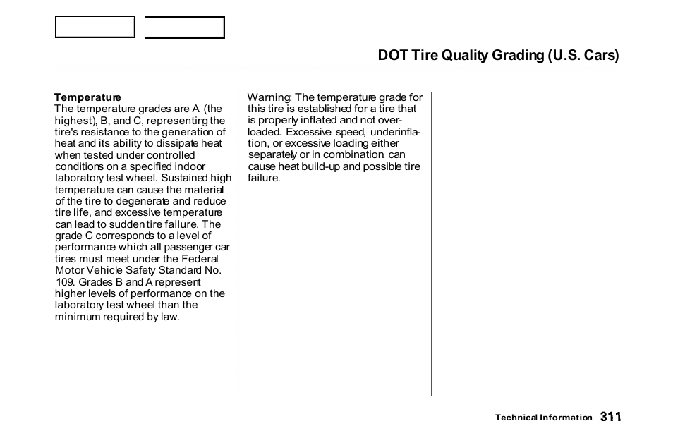 Dot tire quality grading (u.s. cars) | HONDA 2000 Accord Coupe - Owner's Manual User Manual | Page 314 / 338