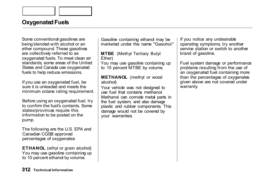 Oxygenated fuels | HONDA 2000 Accord Coupe - Owner's Manual User Manual | Page 315 / 338