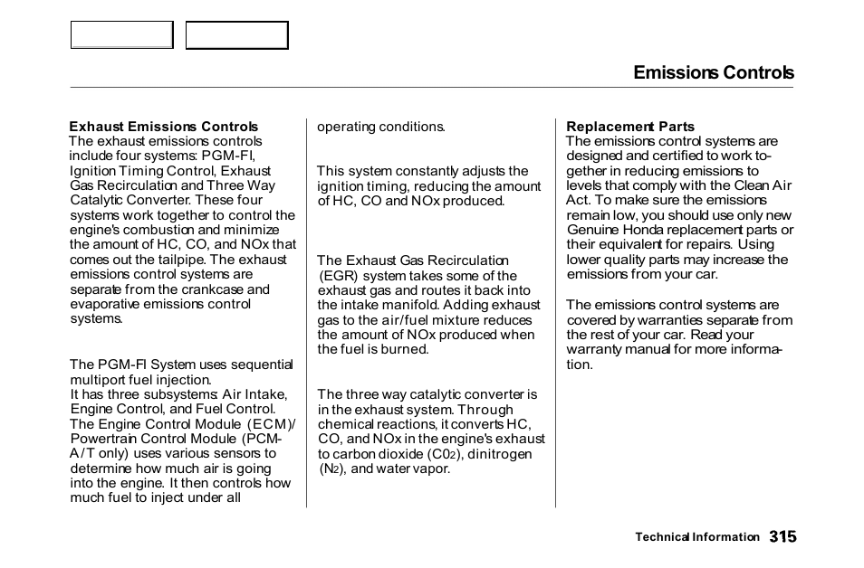 Emissions controls | HONDA 2000 Accord Coupe - Owner's Manual User Manual | Page 318 / 338