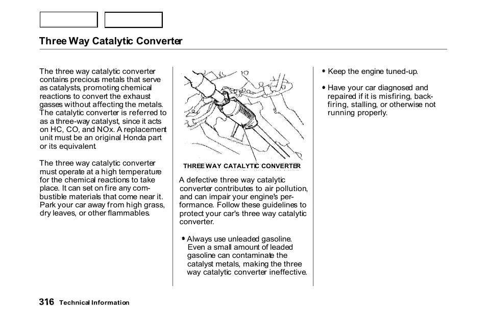 Three way catalytic converter | HONDA 2000 Accord Coupe - Owner's Manual User Manual | Page 319 / 338