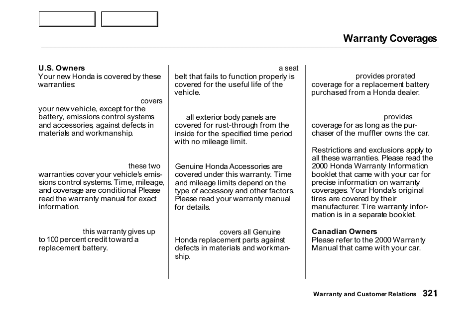 Warranty coverages | HONDA 2000 Accord Coupe - Owner's Manual User Manual | Page 324 / 338