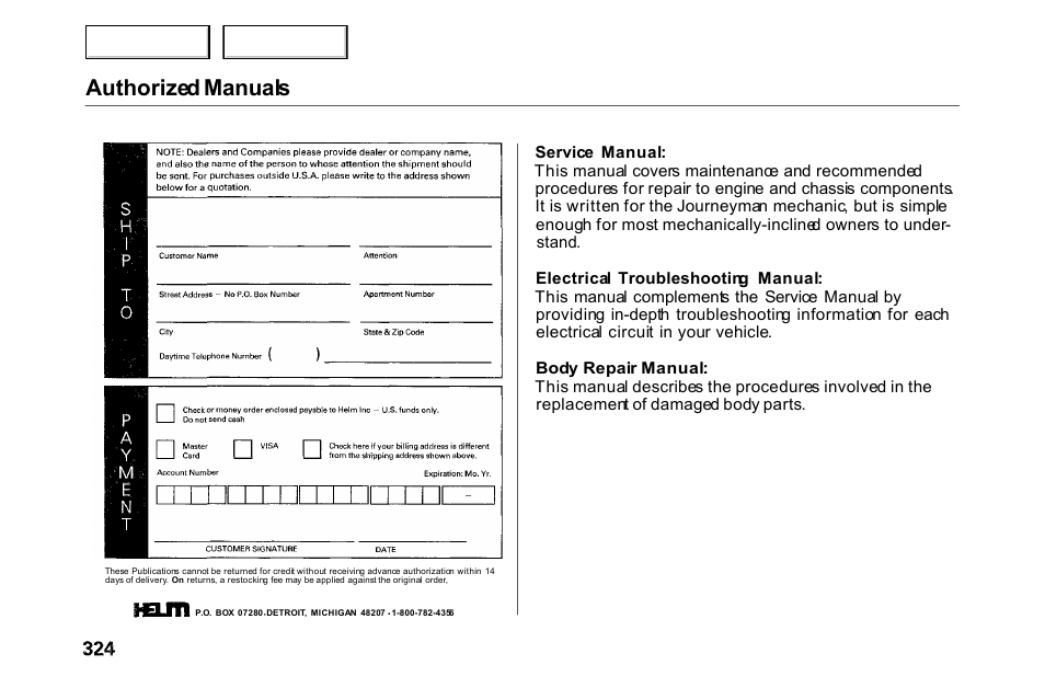 Authorized manuals | HONDA 2000 Accord Coupe - Owner's Manual User Manual | Page 327 / 338