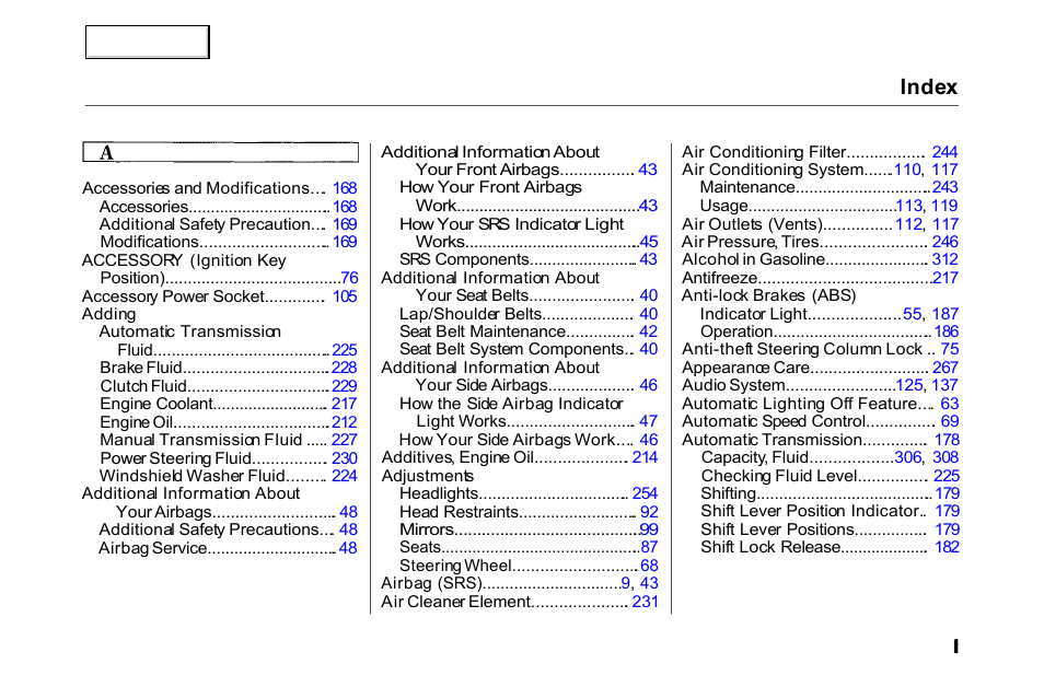 Index | HONDA 2000 Accord Coupe - Owner's Manual User Manual | Page 328 / 338