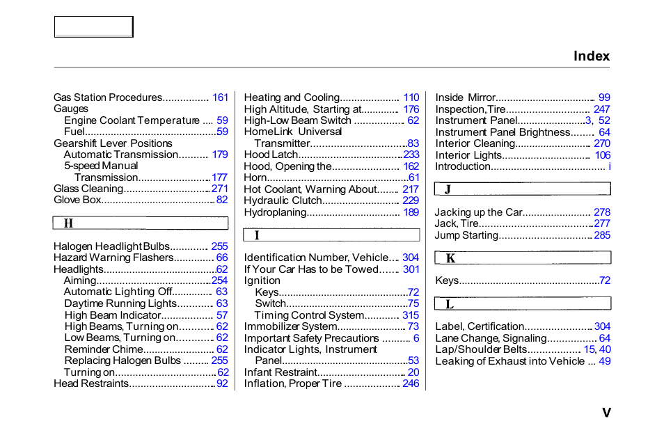 Index | HONDA 2000 Accord Coupe - Owner's Manual User Manual | Page 332 / 338