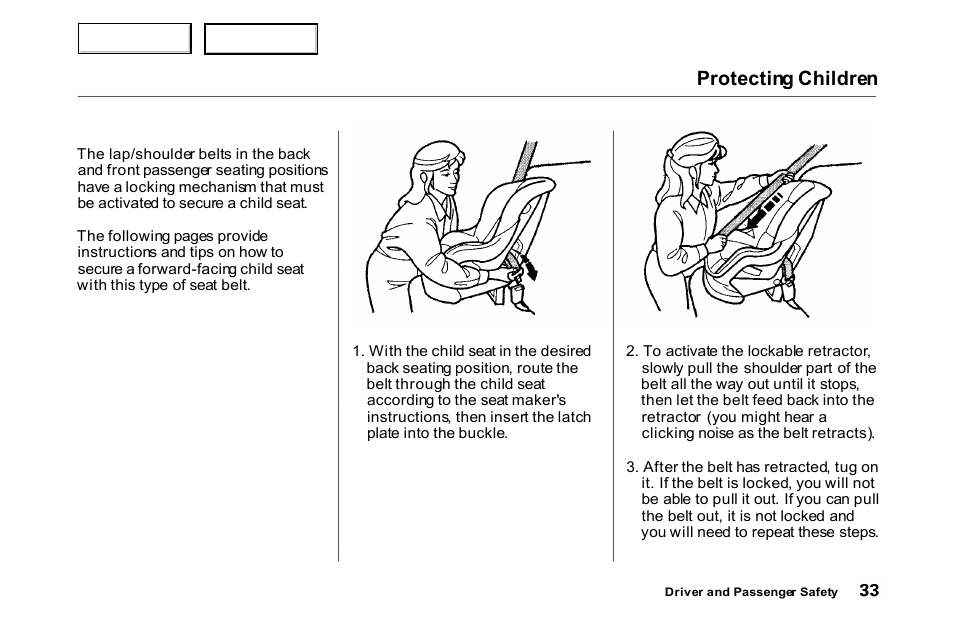 Protecting children | HONDA 2000 Accord Coupe - Owner's Manual User Manual | Page 36 / 338