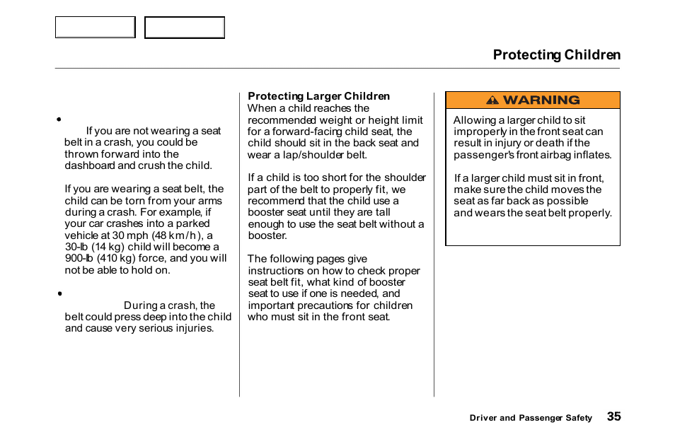 Protecting children | HONDA 2000 Accord Coupe - Owner's Manual User Manual | Page 38 / 338