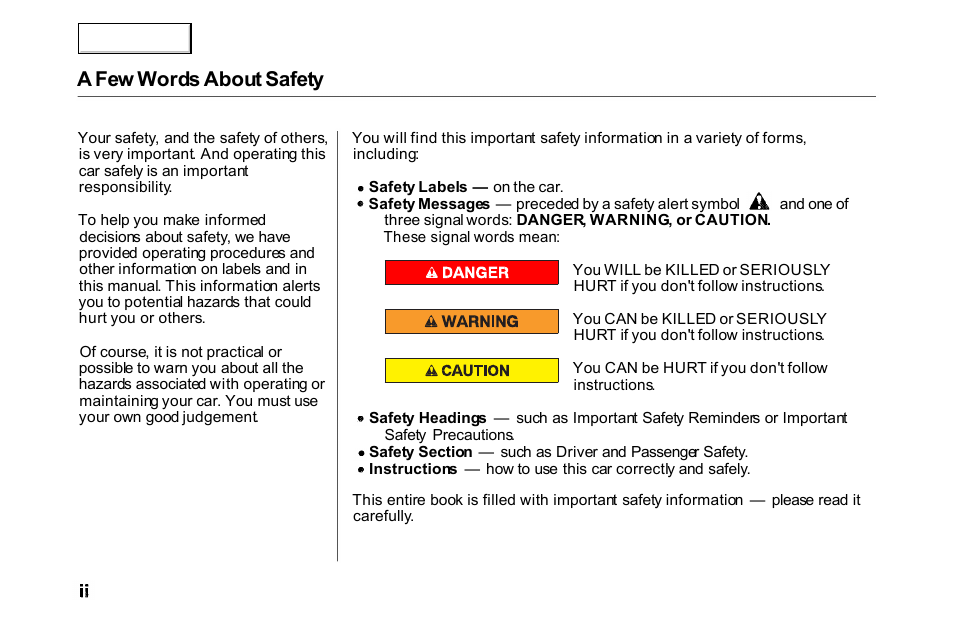 A few words about safety | HONDA 2000 Accord Coupe - Owner's Manual User Manual | Page 4 / 338