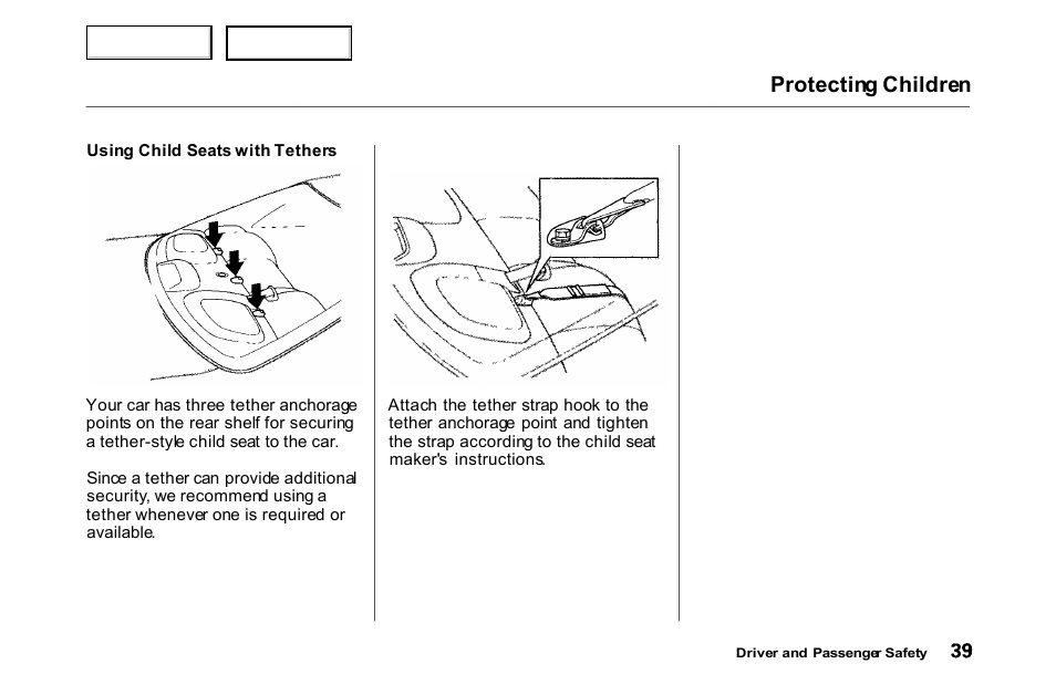 Tethers, Protecting children | HONDA 2000 Accord Coupe - Owner's Manual User Manual | Page 42 / 338