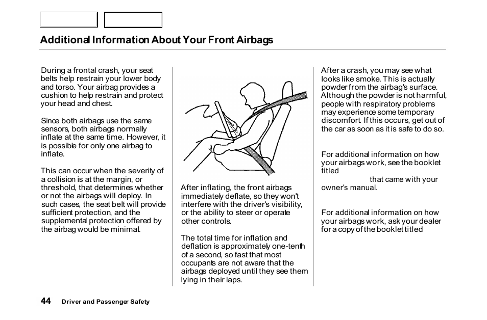 Additional information about your front airbags | HONDA 2000 Accord Coupe - Owner's Manual User Manual | Page 47 / 338