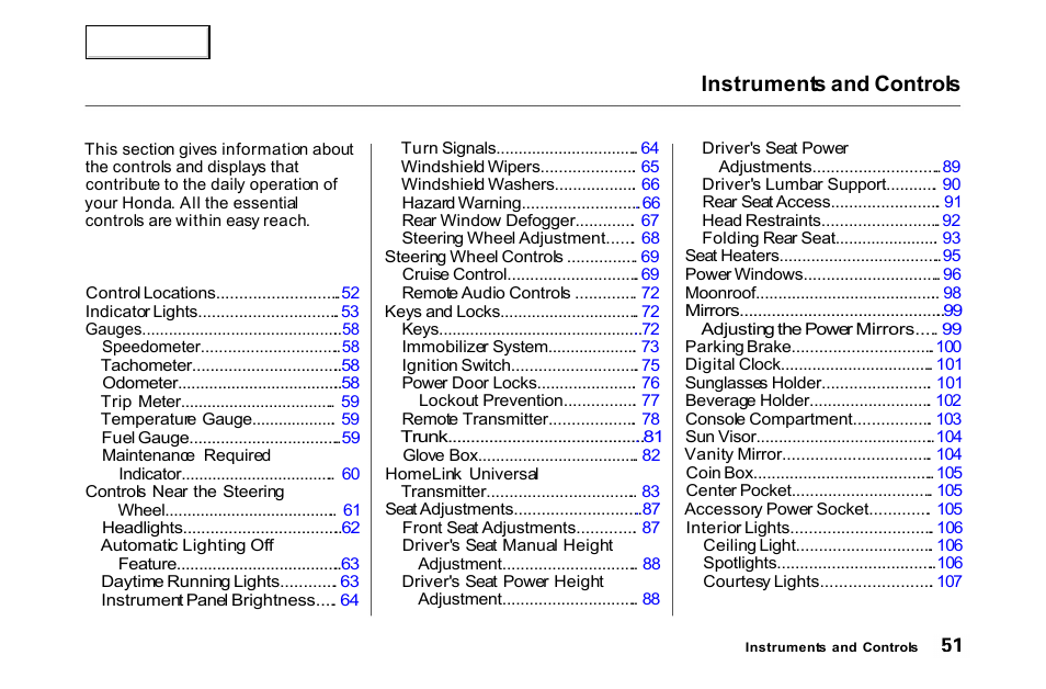 Instruments and controls | HONDA 2000 Accord Coupe - Owner's Manual User Manual | Page 54 / 338