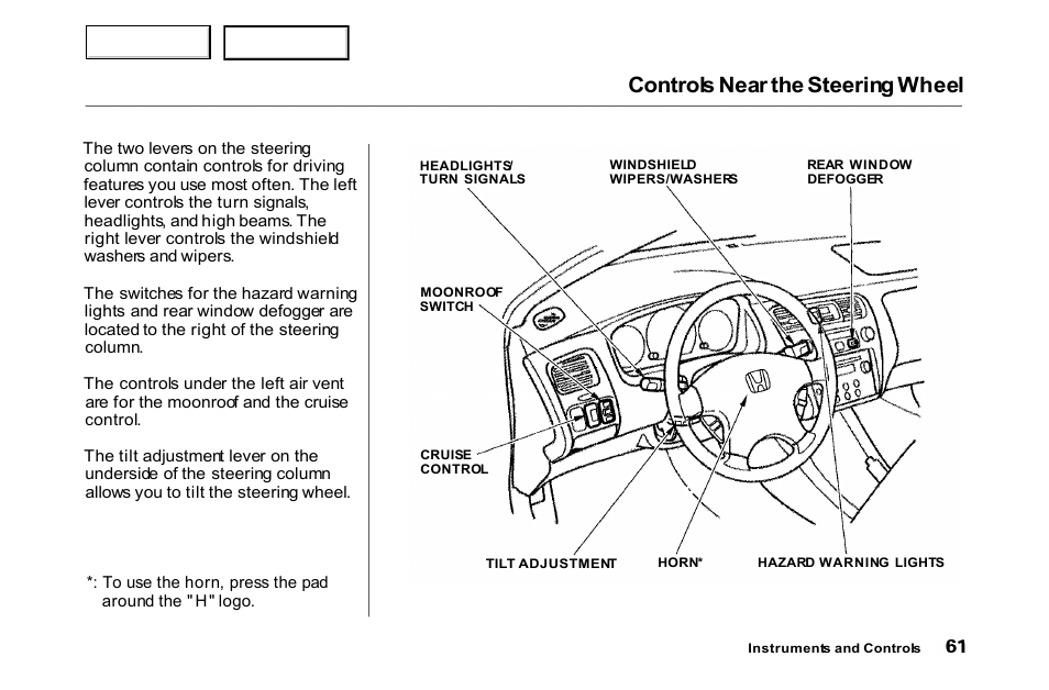 Controls near the steering wheel | HONDA 2000 Accord Coupe - Owner's Manual User Manual | Page 64 / 338
