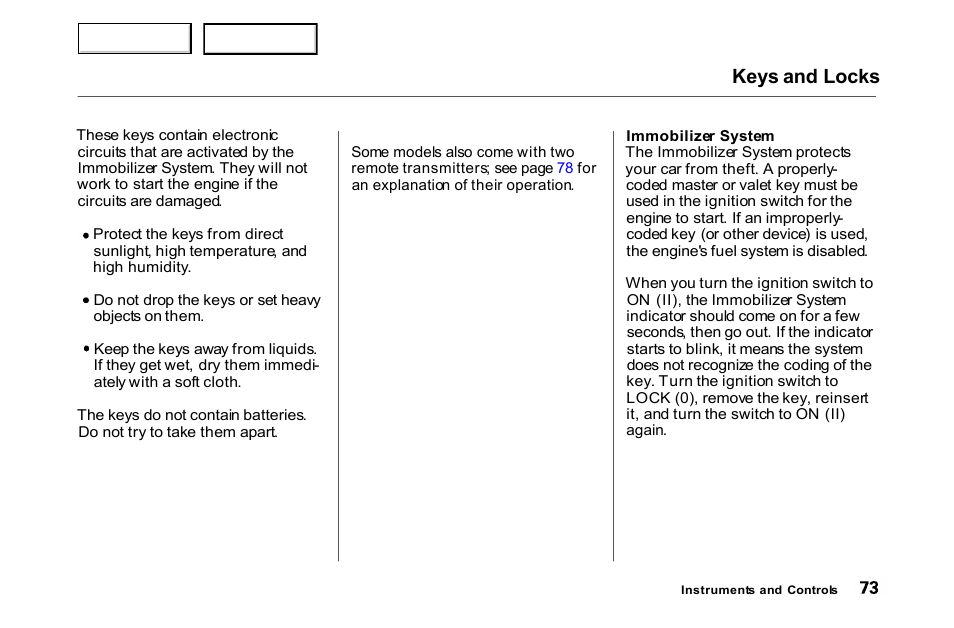 Keys and locks | HONDA 2000 Accord Coupe - Owner's Manual User Manual | Page 76 / 338