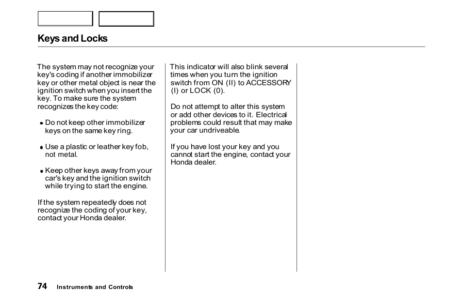 Keys and locks | HONDA 2000 Accord Coupe - Owner's Manual User Manual | Page 77 / 338