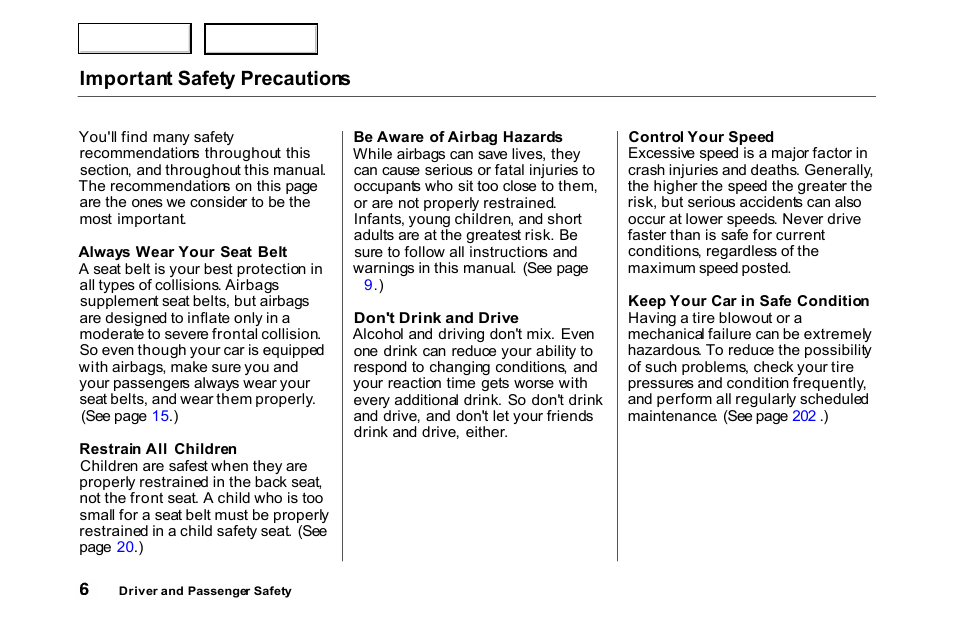 Ex-v6, Important safety precautions | HONDA 2000 Accord Coupe - Owner's Manual User Manual | Page 9 / 338