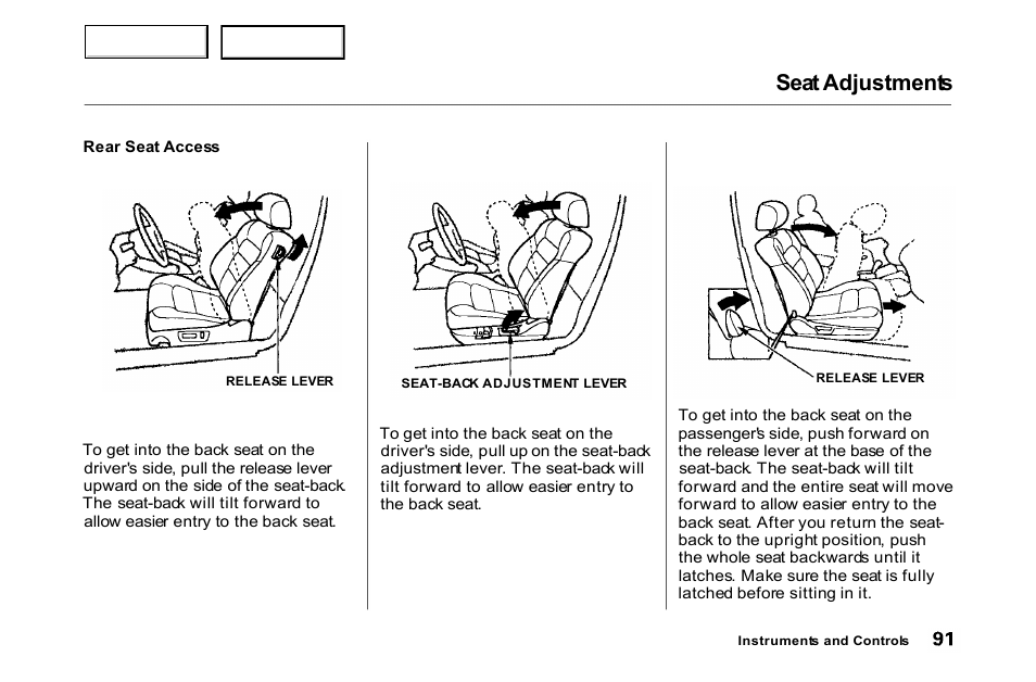 Seat adjustments | HONDA 2000 Accord Coupe - Owner's Manual User Manual | Page 94 / 338