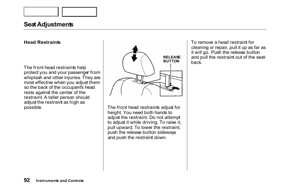 Seat adjustments | HONDA 2000 Accord Coupe - Owner's Manual User Manual | Page 95 / 338