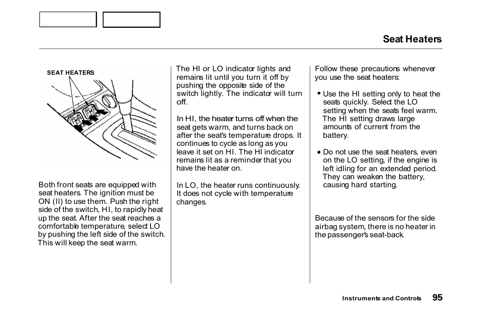 Seat heaters | HONDA 2000 Accord Coupe - Owner's Manual User Manual | Page 98 / 338