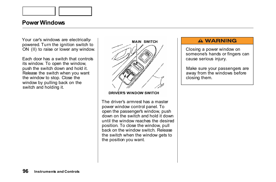 Power windows | HONDA 2000 Accord Coupe - Owner's Manual User Manual | Page 99 / 338