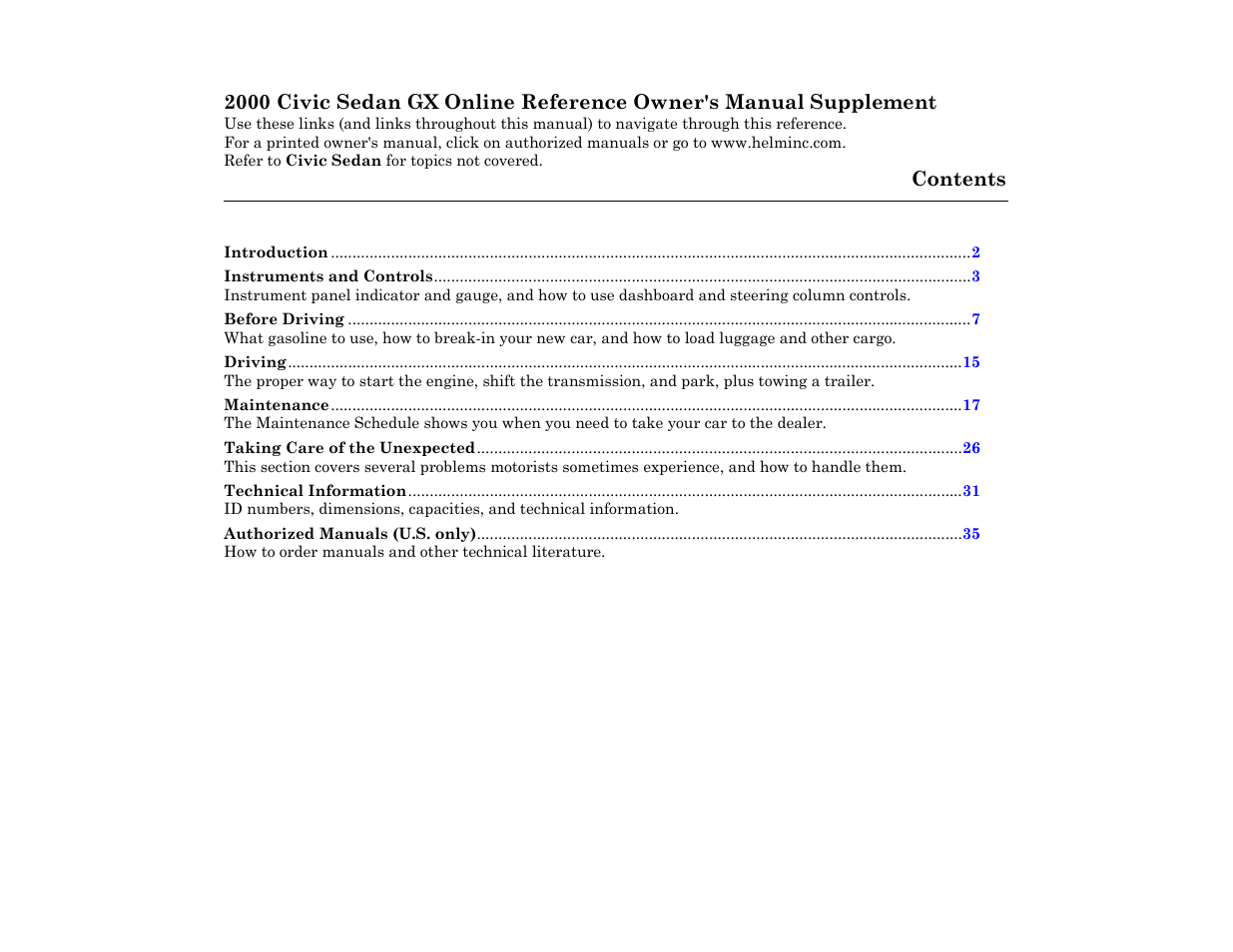 HONDA 2000 Civic GX - Owner's Manual User Manual | 36 pages