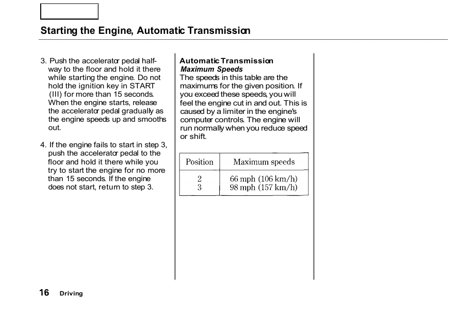 Starting the engine, automatic transmission | HONDA 2000 Civic GX - Owner's Manual User Manual | Page 16 / 36