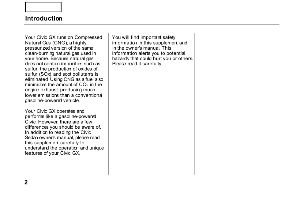 Introduction | HONDA 2000 Civic GX - Owner's Manual User Manual | Page 2 / 36