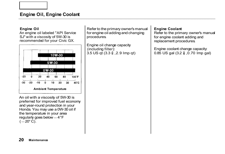 Engine oil, engine coolant | HONDA 2000 Civic GX - Owner's Manual User Manual | Page 20 / 36