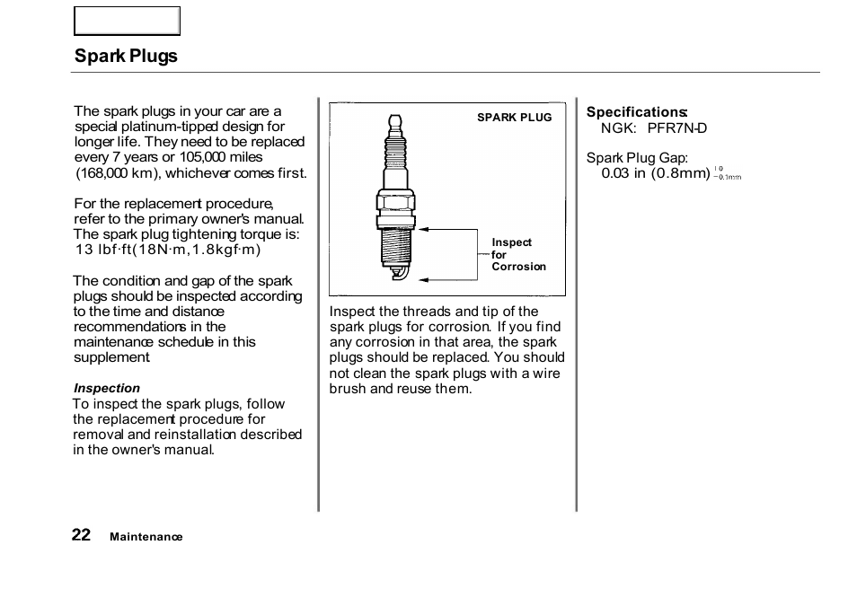 Spark plugs | HONDA 2000 Civic GX - Owner's Manual User Manual | Page 22 / 36