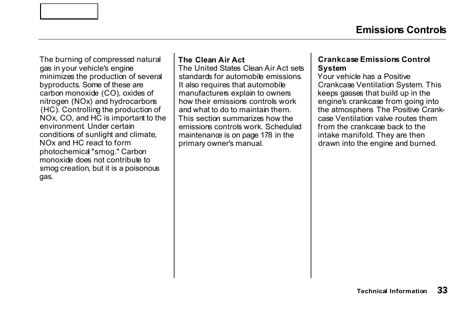 Emissions controls | HONDA 2000 Civic GX - Owner's Manual User Manual | Page 33 / 36