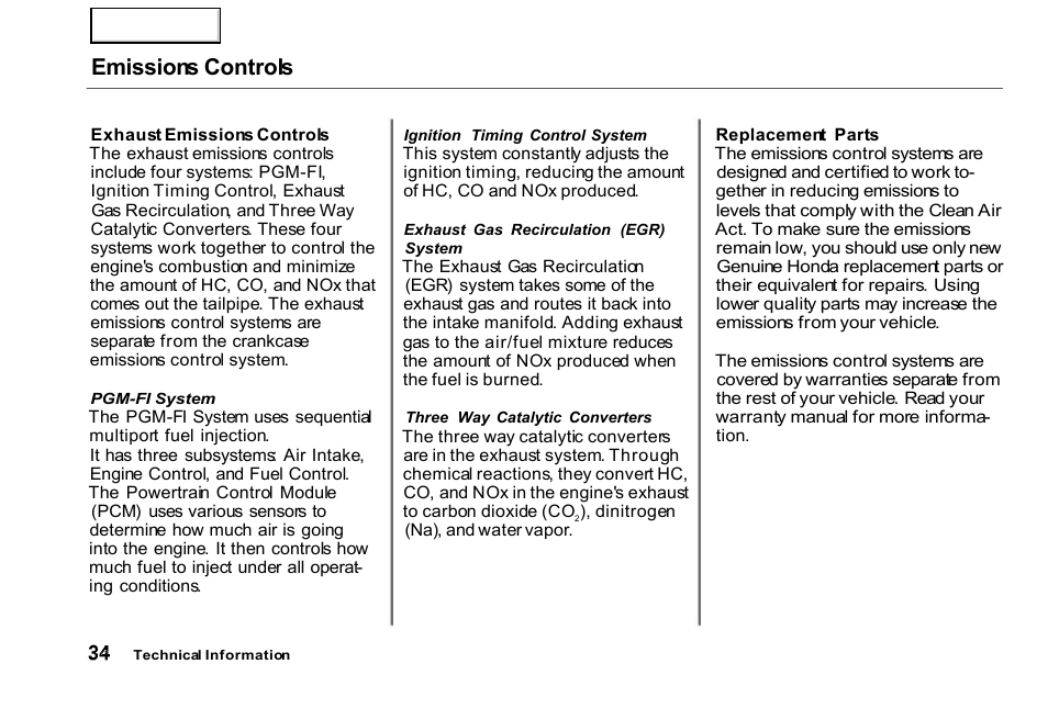 Emissions controls | HONDA 2000 Civic GX - Owner's Manual User Manual | Page 34 / 36