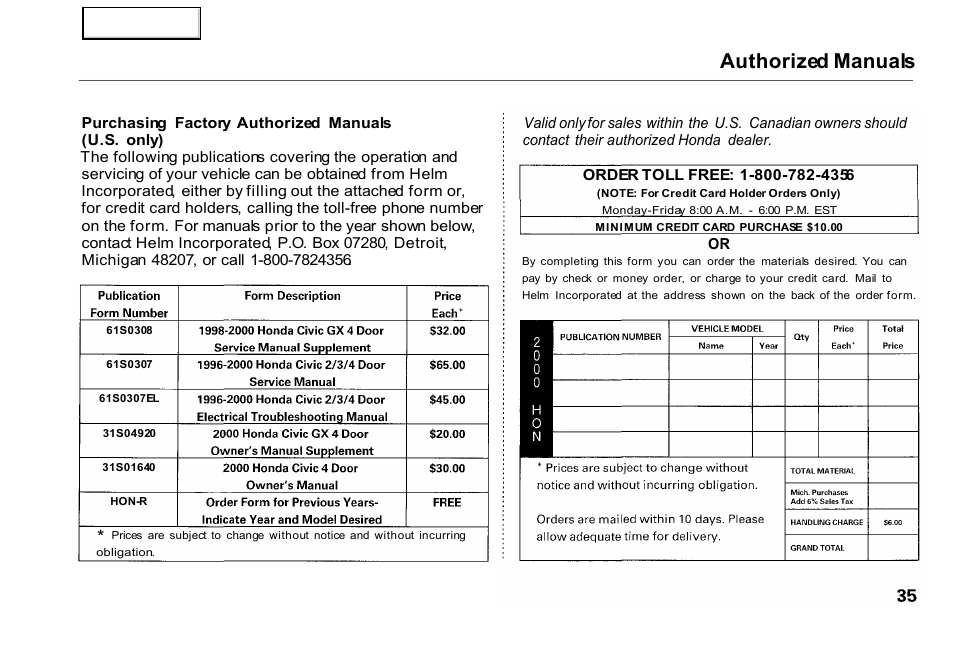 Authorized manuals | HONDA 2000 Civic GX - Owner's Manual User Manual | Page 35 / 36