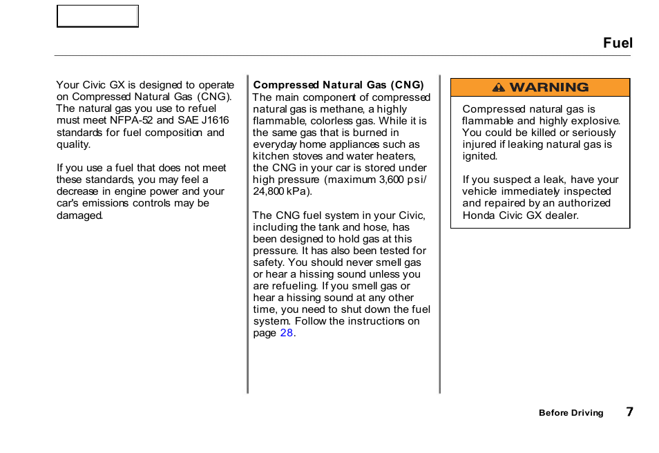 Fuel | HONDA 2000 Civic GX - Owner's Manual User Manual | Page 7 / 36