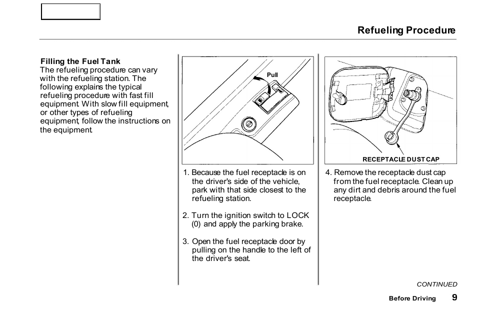 Refueling procedure | HONDA 2000 Civic GX - Owner's Manual User Manual | Page 9 / 36