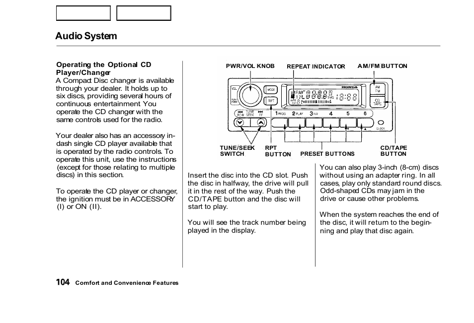 Audio system | HONDA 2000 Civic Sedan - Owner's Manual User Manual | Page 107 / 293