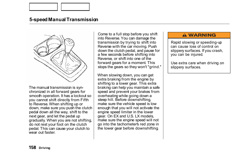 Spee d manual transmission | HONDA 2000 Civic Sedan - Owner's Manual User Manual | Page 161 / 293