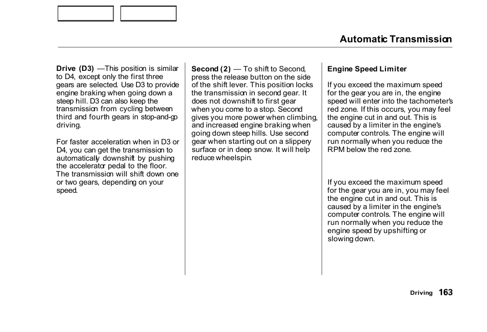 Automatic transmission | HONDA 2000 Civic Sedan - Owner's Manual User Manual | Page 166 / 293