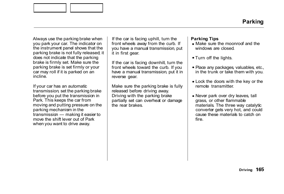 Parking | HONDA 2000 Civic Sedan - Owner's Manual User Manual | Page 168 / 293