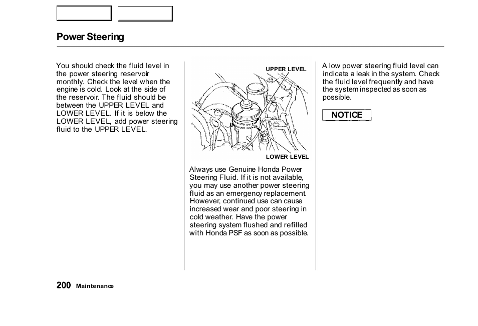 Power steering | HONDA 2000 Civic Sedan - Owner's Manual User Manual | Page 203 / 293