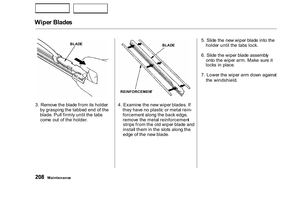 Wiper blades | HONDA 2000 Civic Sedan - Owner's Manual User Manual | Page 211 / 293