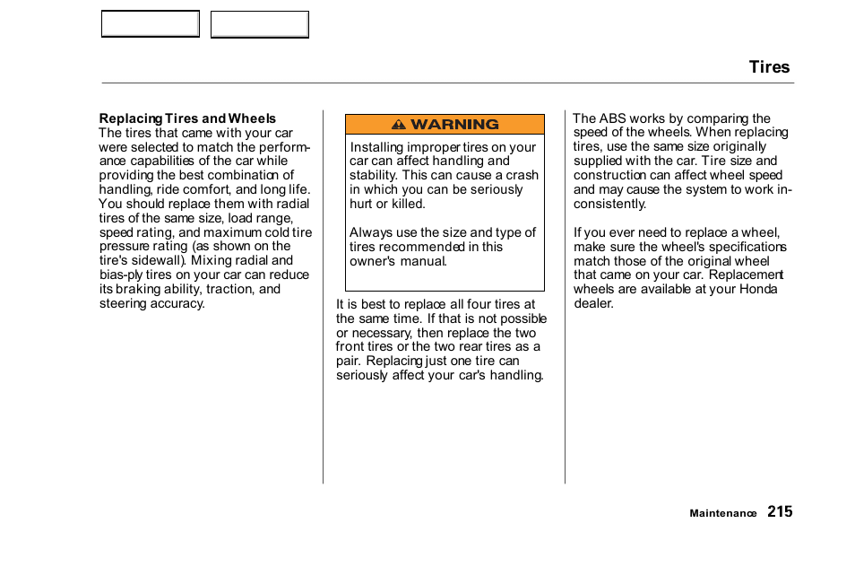 Tires | HONDA 2000 Civic Sedan - Owner's Manual User Manual | Page 218 / 293