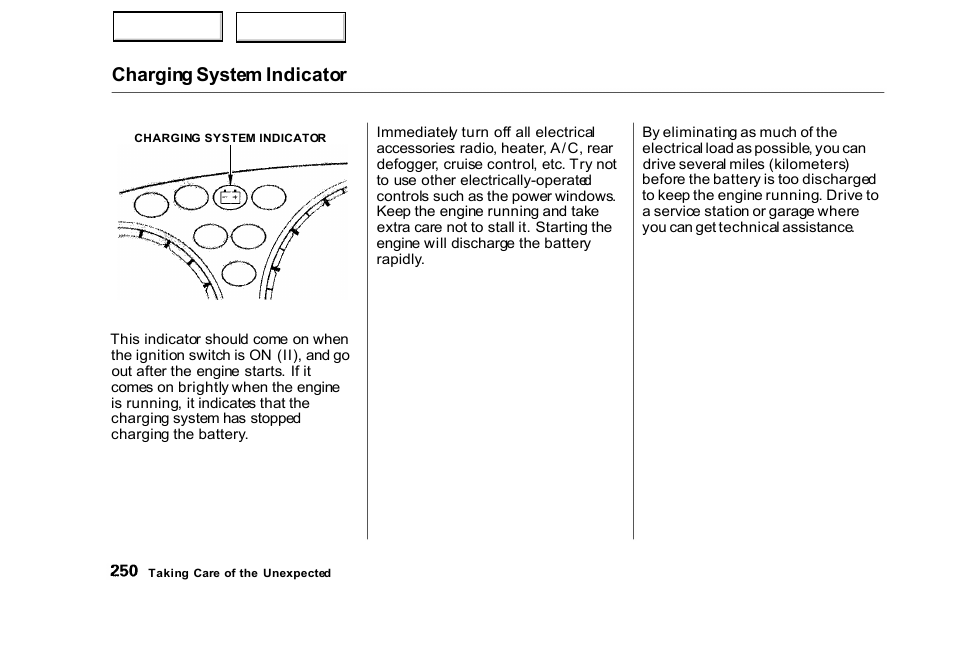 Charging system indicator | HONDA 2000 Civic Sedan - Owner's Manual User Manual | Page 253 / 293