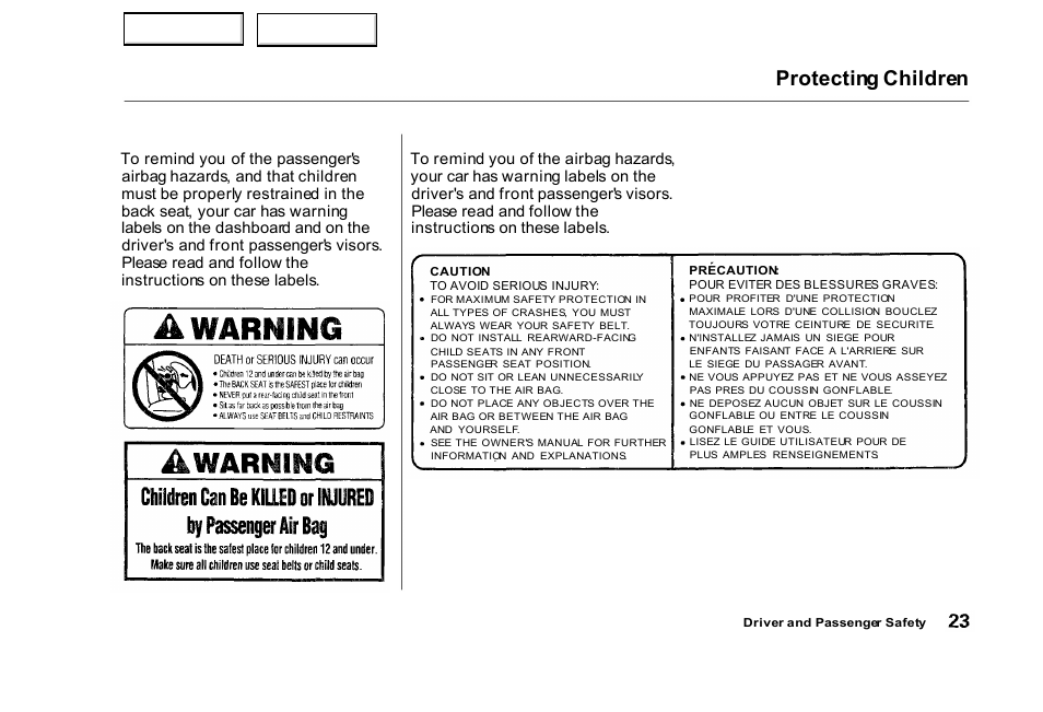 Protecting children | HONDA 2000 Civic Sedan - Owner's Manual User Manual | Page 26 / 293