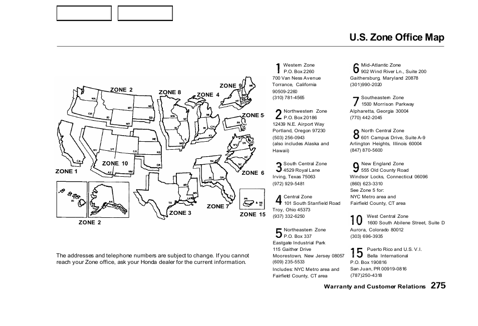 U.s. zone office map | HONDA 2000 Civic Sedan - Owner's Manual User Manual | Page 278 / 293