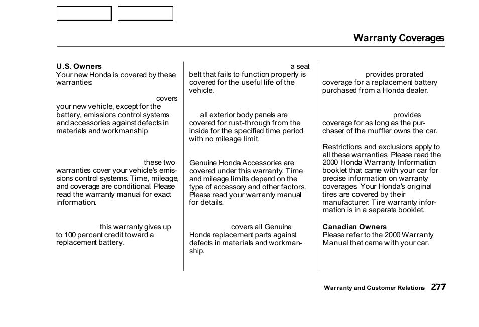 Warranty coverages | HONDA 2000 Civic Sedan - Owner's Manual User Manual | Page 280 / 293