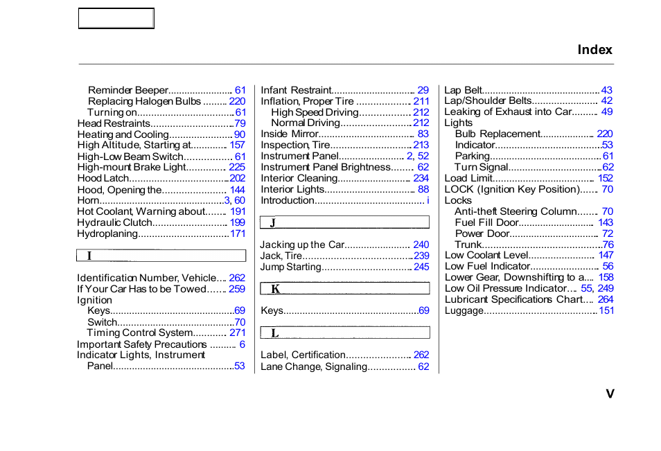 Index | HONDA 2000 Civic Sedan - Owner's Manual User Manual | Page 288 / 293