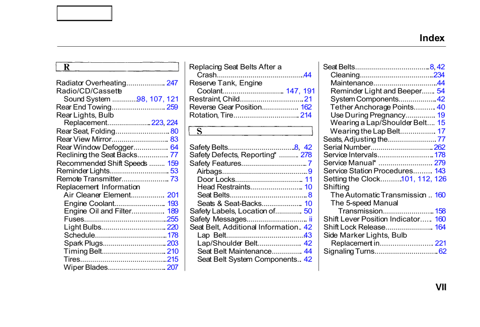 Index | HONDA 2000 Civic Sedan - Owner's Manual User Manual | Page 290 / 293