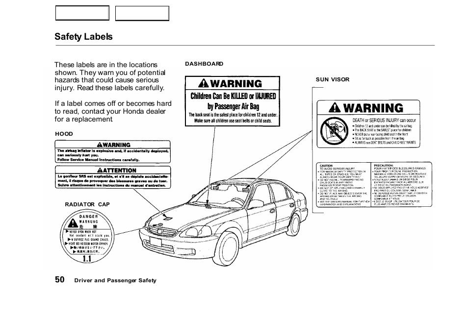 Safety labels | HONDA 2000 Civic Sedan - Owner's Manual User Manual | Page 53 / 293